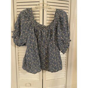Old Navy Smocked Peasant Top Womens Blue Floral Short Sleeve Blouse Sz XXL